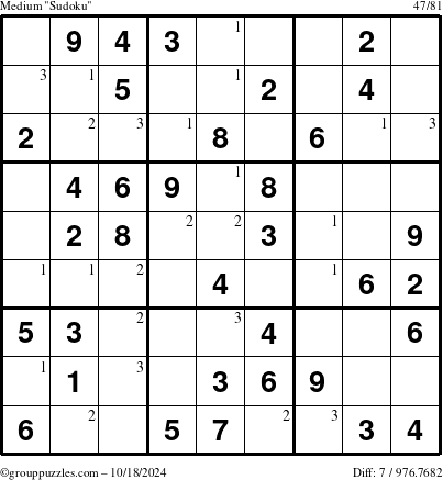 The grouppuzzles.com Medium Sudoku puzzle for Friday October 18, 2024 with the first 3 steps marked