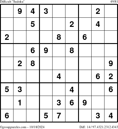 The grouppuzzles.com Difficult Sudoku puzzle for Friday October 18, 2024