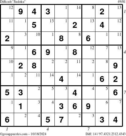 The grouppuzzles.com Difficult Sudoku puzzle for Friday October 18, 2024 with all 14 steps marked