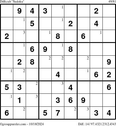 The grouppuzzles.com Difficult Sudoku puzzle for Friday October 18, 2024 with the first 3 steps marked