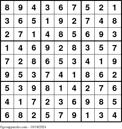 The grouppuzzles.com Answer grid for the Sudoku puzzle for Friday October 18, 2024