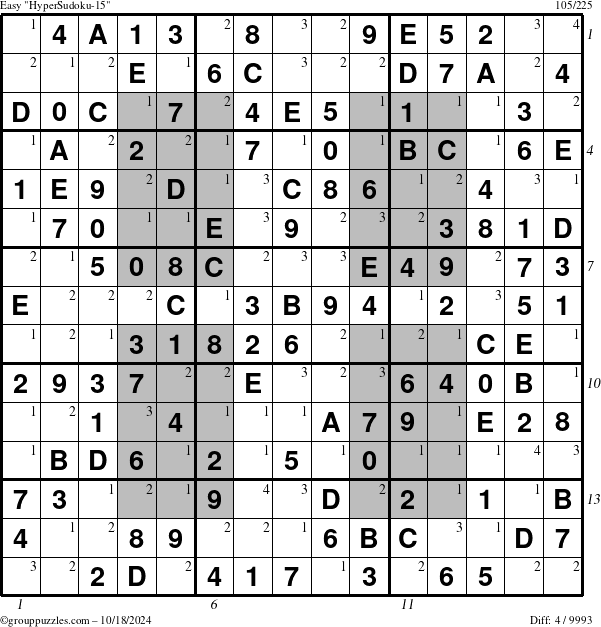 The grouppuzzles.com Easy HyperSudoku-15 puzzle for Friday October 18, 2024 with all 4 steps marked