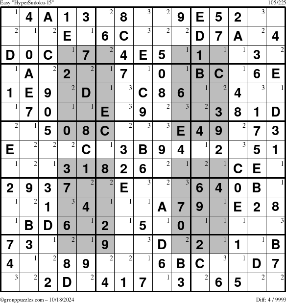 The grouppuzzles.com Easy HyperSudoku-15 puzzle for Friday October 18, 2024 with the first 3 steps marked