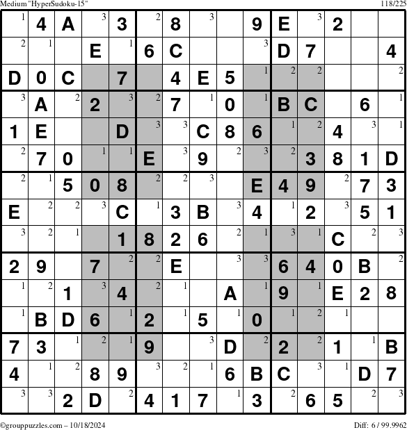 The grouppuzzles.com Medium HyperSudoku-15 puzzle for Friday October 18, 2024 with the first 3 steps marked