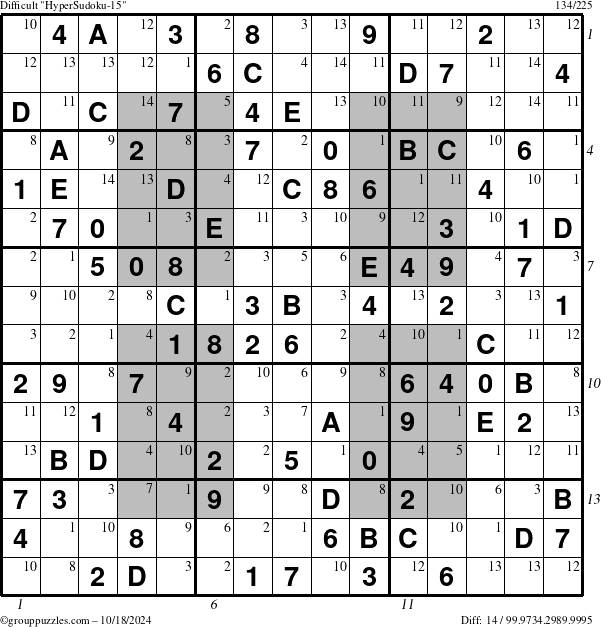 The grouppuzzles.com Difficult HyperSudoku-15 puzzle for Friday October 18, 2024 with all 14 steps marked