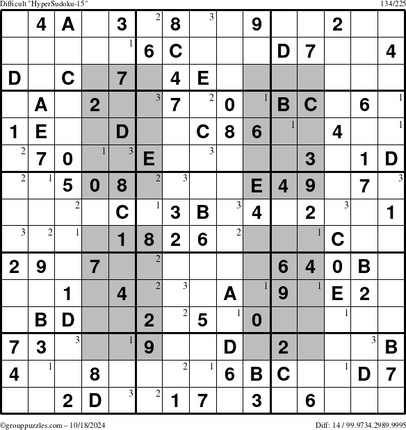 The grouppuzzles.com Difficult HyperSudoku-15 puzzle for Friday October 18, 2024 with the first 3 steps marked