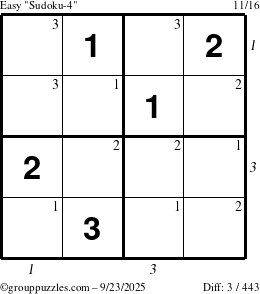 The grouppuzzles.com Easy Sudoku-4 puzzle for Tuesday September 23, 2025, suitable for printing, with all 3 steps marked