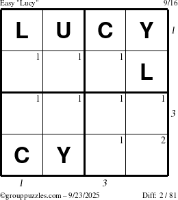 The grouppuzzles.com Easy Lucy puzzle for Tuesday September 23, 2025 with all 2 steps marked