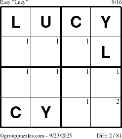 The grouppuzzles.com Easy Lucy puzzle for Tuesday September 23, 2025 with the first 2 steps marked
