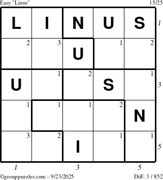The grouppuzzles.com Easy Linus puzzle for Tuesday September 23, 2025 with all 3 steps marked