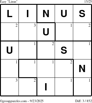 The grouppuzzles.com Easy Linus puzzle for Tuesday September 23, 2025 with the first 3 steps marked