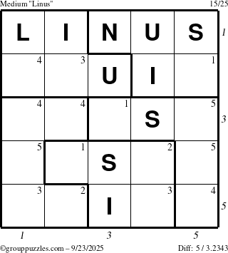 The grouppuzzles.com Medium Linus puzzle for Tuesday September 23, 2025 with all 5 steps marked