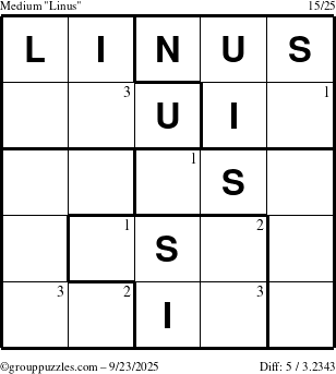 The grouppuzzles.com Medium Linus puzzle for Tuesday September 23, 2025 with the first 3 steps marked