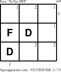 The grouppuzzles.com Easy TicTac-DEF puzzle for Tuesday September 23, 2025, suitable for printing, with all 2 steps marked