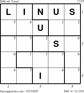 The grouppuzzles.com Difficult Linus puzzle for Tuesday September 23, 2025 with all 6 steps marked