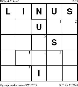 The grouppuzzles.com Difficult Linus puzzle for Tuesday September 23, 2025 with the first 3 steps marked