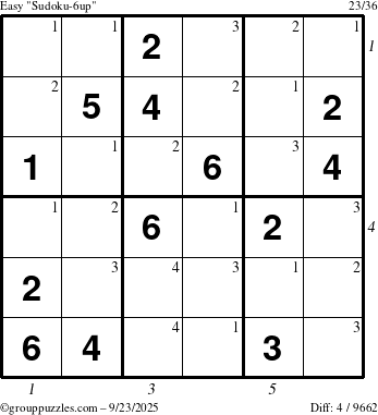 The grouppuzzles.com Easy Sudoku-6up puzzle for Tuesday September 23, 2025 with all 4 steps marked