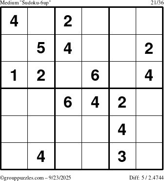 The grouppuzzles.com Medium Sudoku-6up puzzle for Tuesday September 23, 2025