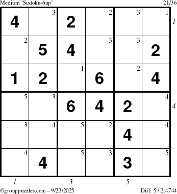 The grouppuzzles.com Medium Sudoku-6up puzzle for Tuesday September 23, 2025 with all 5 steps marked