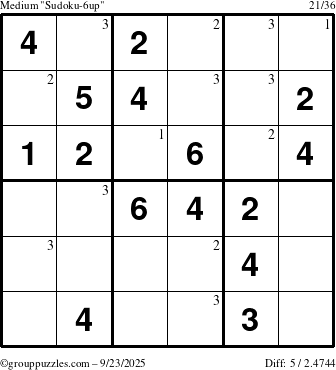 The grouppuzzles.com Medium Sudoku-6up puzzle for Tuesday September 23, 2025 with the first 3 steps marked
