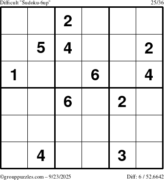 The grouppuzzles.com Difficult Sudoku-6up puzzle for Tuesday September 23, 2025