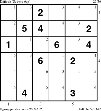 The grouppuzzles.com Difficult Sudoku-6up puzzle for Tuesday September 23, 2025 with all 6 steps marked