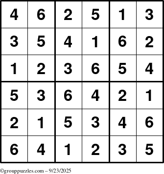 The grouppuzzles.com Answer grid for the Sudoku-6up puzzle for Tuesday September 23, 2025