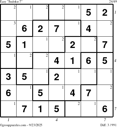 The grouppuzzles.com Easy Sudoku-7 puzzle for Tuesday September 23, 2025 with all 3 steps marked