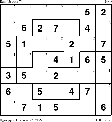 The grouppuzzles.com Easy Sudoku-7 puzzle for Tuesday September 23, 2025 with the first 3 steps marked