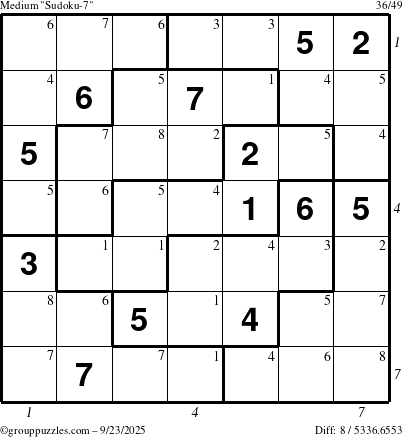 The grouppuzzles.com Medium Sudoku-7 puzzle for Tuesday September 23, 2025 with all 8 steps marked