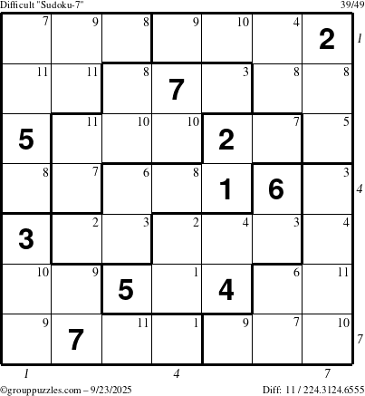 The grouppuzzles.com Difficult Sudoku-7 puzzle for Tuesday September 23, 2025 with all 11 steps marked
