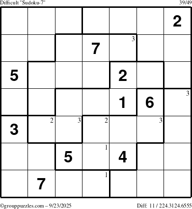 The grouppuzzles.com Difficult Sudoku-7 puzzle for Tuesday September 23, 2025 with the first 3 steps marked