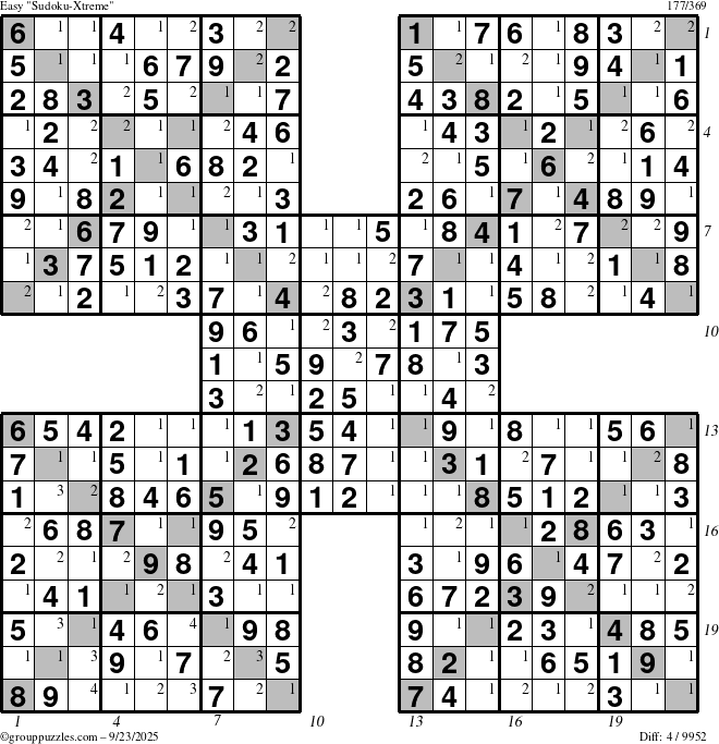 The grouppuzzles.com Easy Sudoku-Xtreme puzzle for Tuesday September 23, 2025 with all 4 steps marked