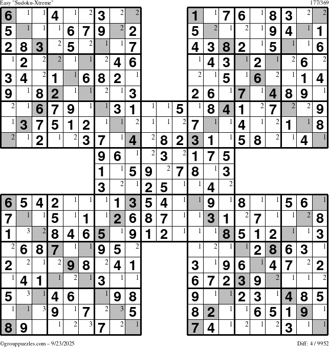 The grouppuzzles.com Easy Sudoku-Xtreme puzzle for Tuesday September 23, 2025 with the first 3 steps marked