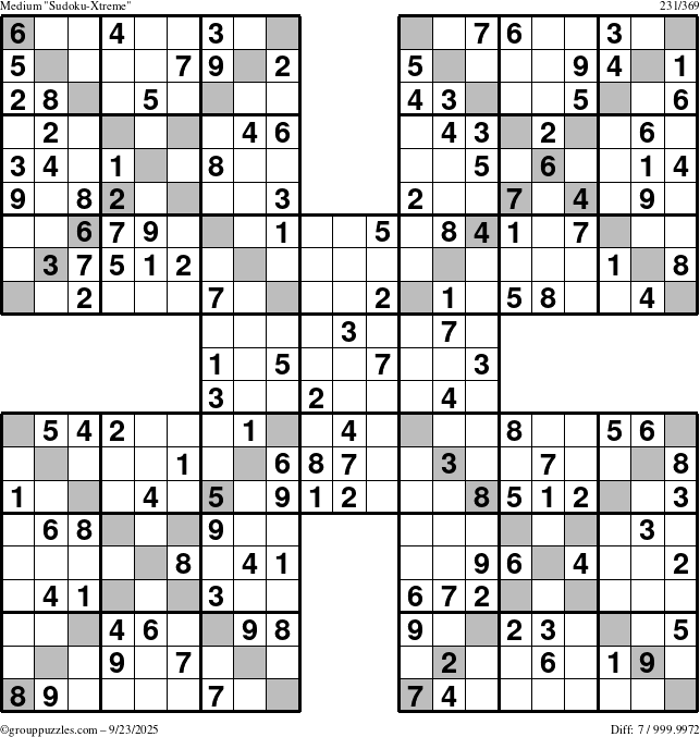 The grouppuzzles.com Medium Sudoku-Xtreme puzzle for Tuesday September 23, 2025