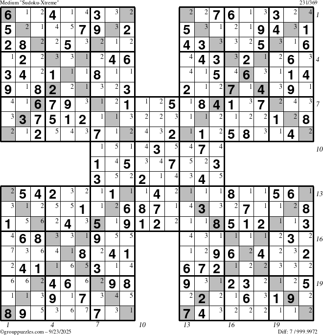 The grouppuzzles.com Medium Sudoku-Xtreme puzzle for Tuesday September 23, 2025 with all 7 steps marked