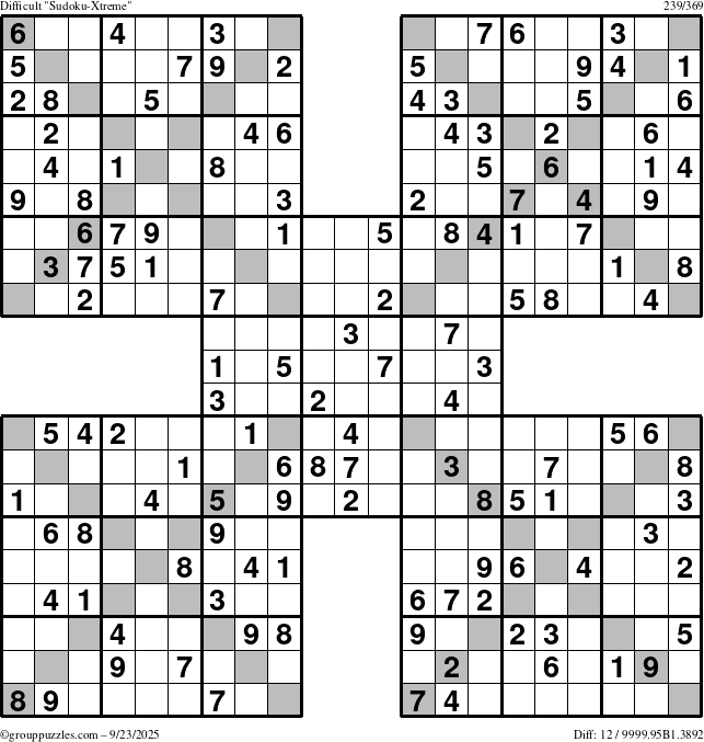 The grouppuzzles.com Difficult Sudoku-Xtreme puzzle for Tuesday September 23, 2025