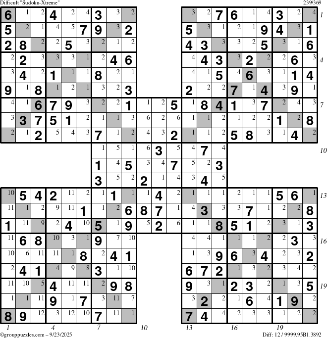 The grouppuzzles.com Difficult Sudoku-Xtreme puzzle for Tuesday September 23, 2025 with all 12 steps marked
