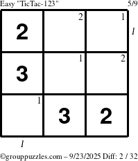 The grouppuzzles.com Easy TicTac-123 puzzle for Tuesday September 23, 2025 with all 2 steps marked