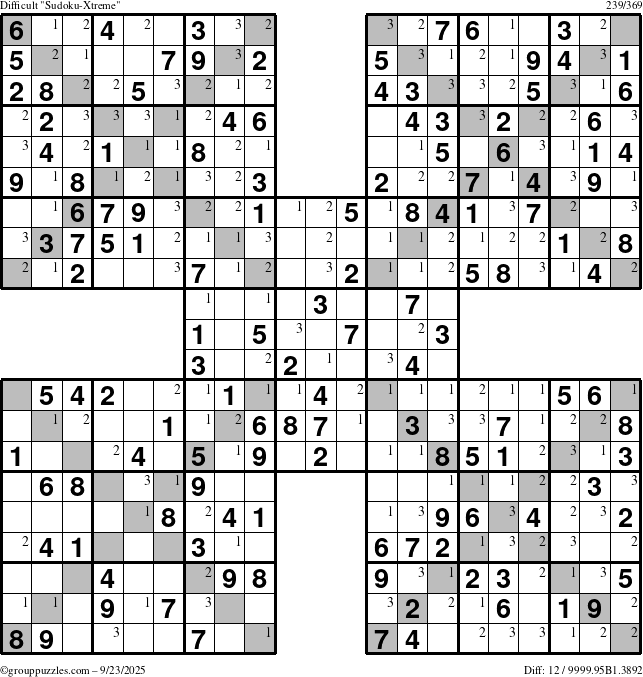 The grouppuzzles.com Difficult Sudoku-Xtreme puzzle for Tuesday September 23, 2025 with the first 3 steps marked