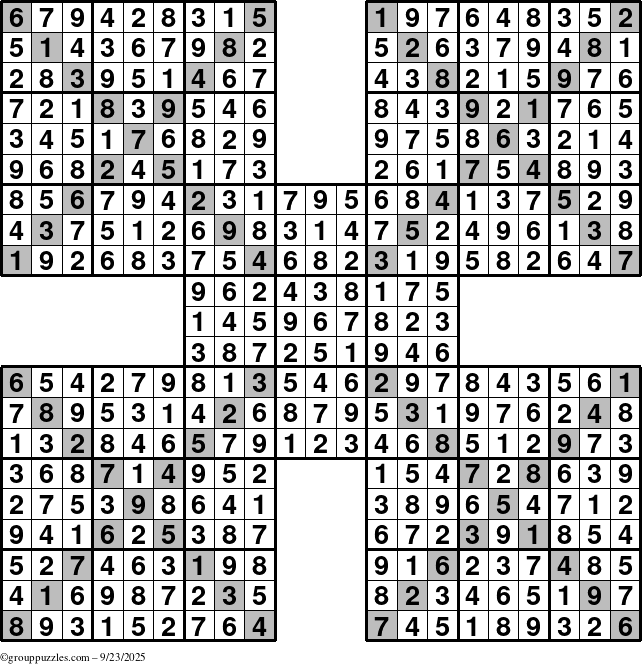 The grouppuzzles.com Answer grid for the Sudoku-Xtreme puzzle for Tuesday September 23, 2025
