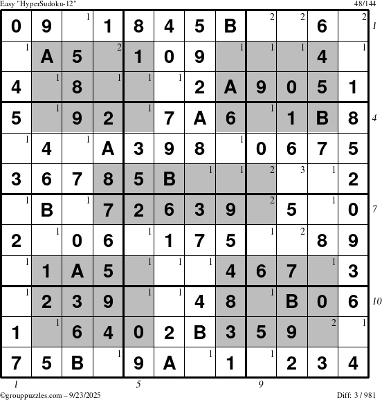 The grouppuzzles.com Easy HyperSudoku-12 puzzle for Tuesday September 23, 2025 with all 3 steps marked