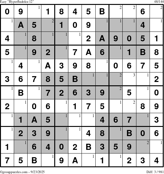 The grouppuzzles.com Easy HyperSudoku-12 puzzle for Tuesday September 23, 2025 with the first 3 steps marked
