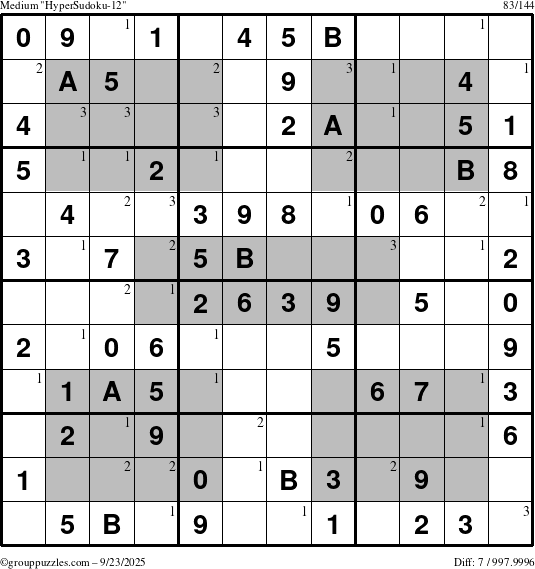 The grouppuzzles.com Medium HyperSudoku-12 puzzle for Tuesday September 23, 2025 with the first 3 steps marked