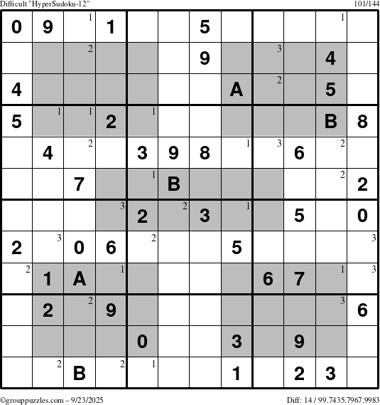 The grouppuzzles.com Difficult HyperSudoku-12 puzzle for Tuesday September 23, 2025 with the first 3 steps marked