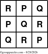The grouppuzzles.com Answer grid for the TicTac-PQR puzzle for Friday August 28, 2026