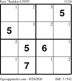 The grouppuzzles.com Easy Sudoku-4-5678 puzzle for Friday August 28, 2026 with the first 3 steps marked