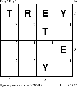 The grouppuzzles.com Easy Trey puzzle for Friday August 28, 2026 with all 3 steps marked