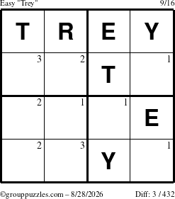 The grouppuzzles.com Easy Trey puzzle for Friday August 28, 2026 with the first 3 steps marked