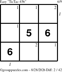 The grouppuzzles.com Easy TicTac-456 puzzle for Friday August 28, 2026 with all 2 steps marked